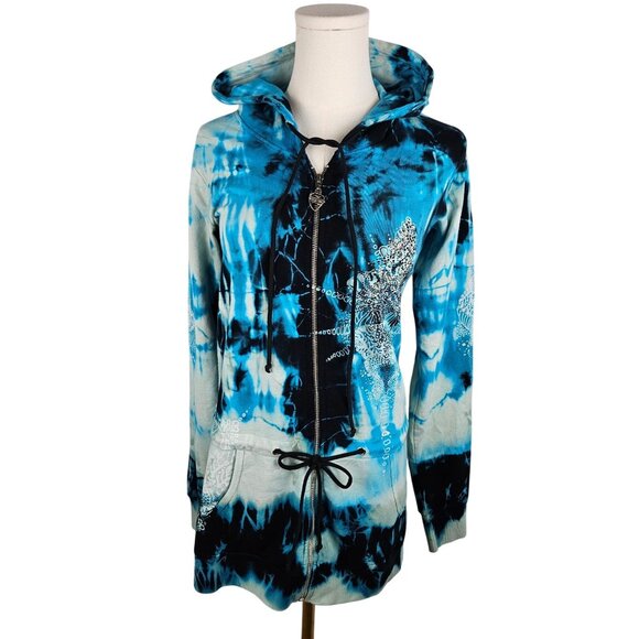 Sledge Vintage Hoodie Medium Zip Tie-Dye Rhinestone Blue Y2K Grunge Long Pockets - Picture 2 of 11